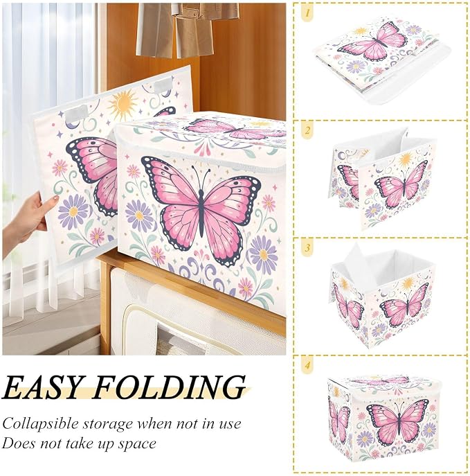 Butterfly Floral Fabric Storage Bins with Lid Foldable Storage Boxes 40L | Decorative Storage Boxes, Foldable & Stackable, Dust-Proof Flip Top, Reinforced Handles, For Home & Dorm, Clothes & Toy Box