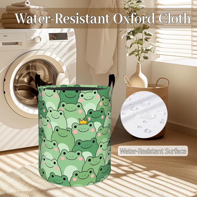 Cartoon Frog Laundry Basket, Adorable Frogs Face Foldable Oxford Cloth, Waterproof Dirty Clothes Hamper with Handles, Clothing Storage Bin Toy Organizer for Bedroom Dorm Bathroom, 19.7"x15.7"