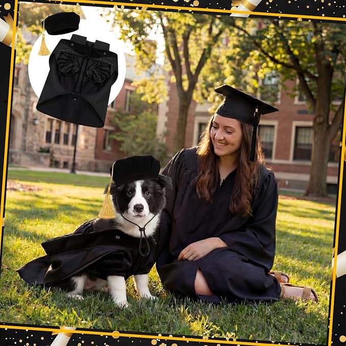 Huhumy 3 Pcs Dog Cat Graduation Doctoral Costume Set, 2026 Pet Phd Graduation Cap and Deluxe Doctoral Gown with Hood Side Tam Puppy Kitty Dogs Grad Holiday Party Costume Accessory(Black,L)