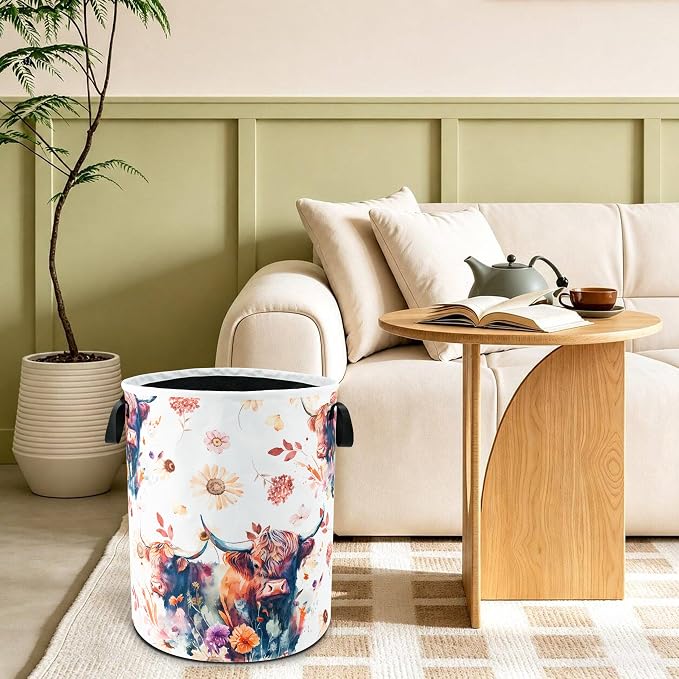 Highland Cow Floral Laundry Basket Foldable Waterproof 18.9 x 16.5 Inch | Oxford Cloth Hamper With Reinforced Handles Lining Large-Capacity Storage For Bathrooms/Laundry Rooms/ Living Rooms/Bedrooms