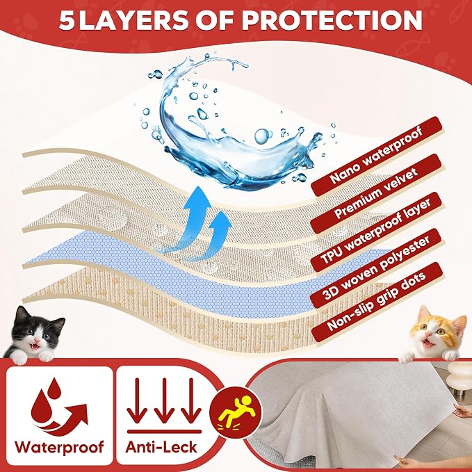 Loiion Cat Scratch Proof Furniture Protector Waterproof Sofa Cover 134"x71" | Pet-Friendly Couch Protector, Anti-Scratch & Anti-Slip Sofa Cover For Cats Dogs Kids, Machine Washable