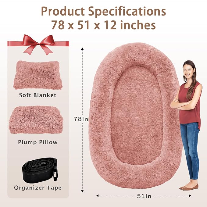 ROOMTEC Human Dog Bed, 78''x51''x12'' Size Fits Adult and Pet Washable Giant People Bed 10 CM Thick Memory Foam Large Oversize Pet Bed with Plump Pillow, Blanket, Strap - Pink
