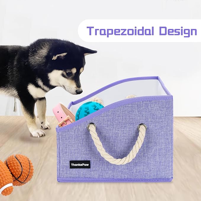 Dog Toy Basket, Storage Bin, Collapsible Box for Pet Accessories | Fabric Container With Handle, Trapezoid Holder for Small Medium dogs, Organizer for Living Room, Purple