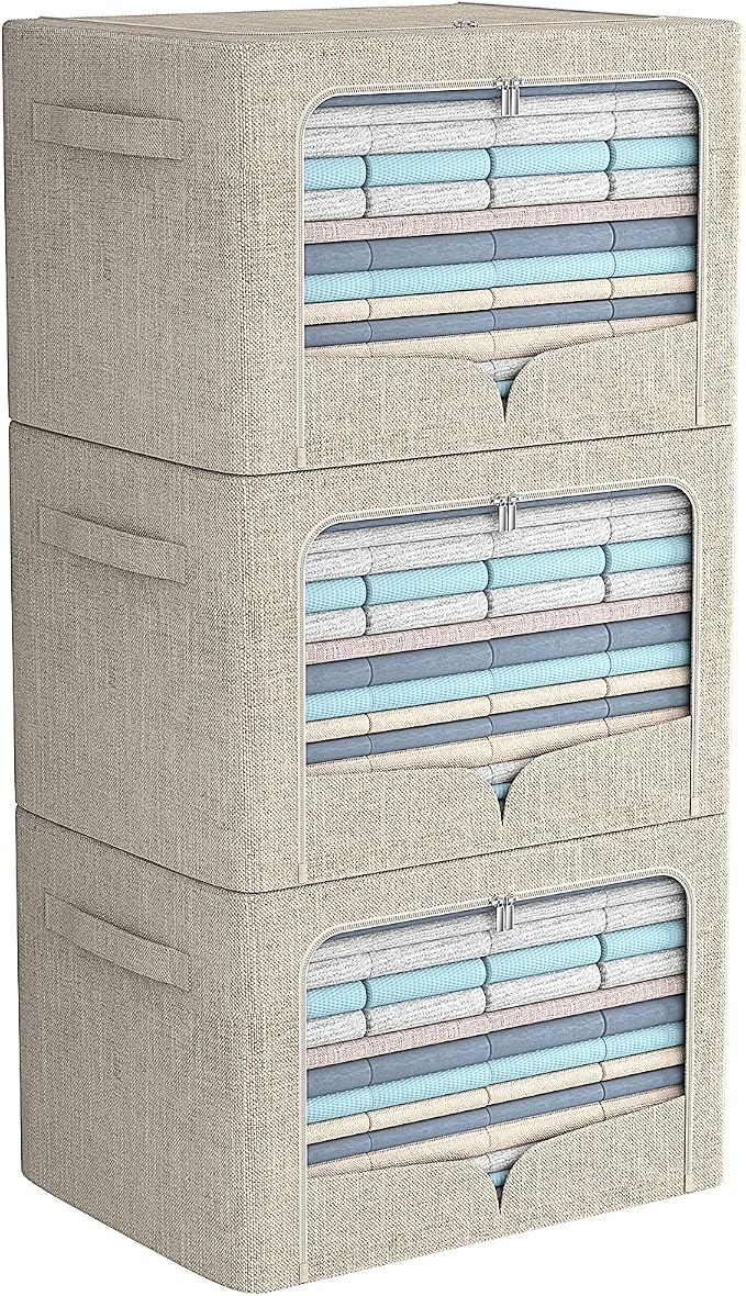 FHSQX 3 Pack Clothes Storage Bins - Foldable Metal Frame Storage Box - Stackable Linen Fabric Container Organizer Set with Carrying Handles and Clear Window (Beige, 15.7x11.8x7.8inch(22L))