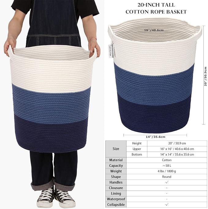 Sea Team Large Woven Cotton Rope Laundry Basket with Handles, 20 x 14 in | Collapsible Knitted Hamper, Closet Shelf Organizers, Containers for Clothing, Blankets, Toys, Bedding, Navy
