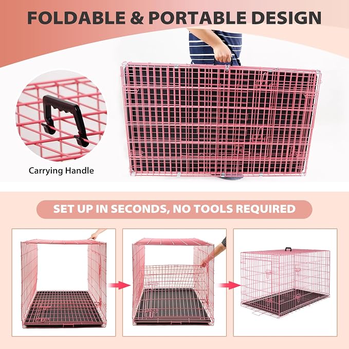 BestPet | Dog Crate | 24" | Pink | Foldable Metal Kennel with Double Doors | Secure Slide-Bolt Latches, Leakproof Tray | Portable Dog Cage for Small Breeds | for Travel, Indoor & Outdoor Use