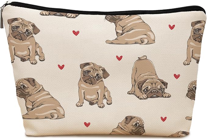 Pug Dog Makeup Bag, Pug Lovers Gifts Cosmetic Bag for Women, Dog Mom Lovers Owner Gifts for Women, Pet Lover Gift Zipper Travel Makeup Pouch for Purse