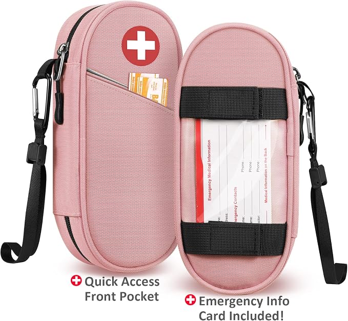 SITHON EpiPen Medical Carrying Case Insulated, Travel Medication Organizer Bag Emergency Medical Pouch Holds 2 EpiPens, Asthma Inhaler, Anti-Histamine, Auvi-Q, Allergy Medicine Essentials, Pink | Emergency Medical Travel Pouch Holds 2 EpiPens, Asthma I...