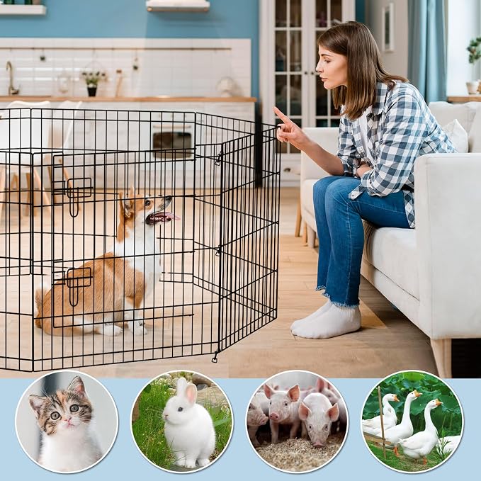 Peekaboo Dog Playpen 24" H 8-Panel with Octagonal Top Cover & Bottom Pad | 24-inch black 8-panel rustproof metal dog playpen with built-in door, foldable design, top cover and waterproof bottom pad.