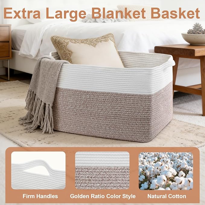 75L Large Blanket Storage Basket with Handles - White & Brown | Extra-large clothes storage bin. Soft cotton, foldable, washable.Holds blankets, pillows for living room, bedroom, dorm.