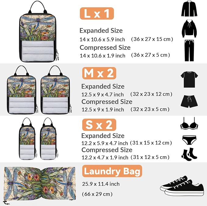 Dragonfly 6 Set Compression Packing Cubes Stained Glass Style Flowers Expandable Packing Organizer for Travel Accessories Luggage Suitcase Bag