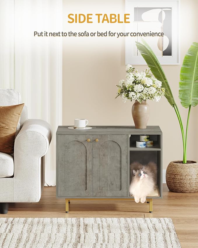 Hzuaneri Cat Litter Box Enclosure, Hidden Litter Box Furniture with Storage | Large Wooden Cabinet with Sisal Mat, Modern Cat Washroom for Living Room, Bedroom, Entryway, Greige and Gold CB01505G