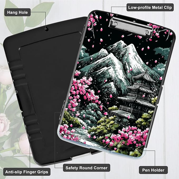 A4 Clipboard with Storage Pen Holder, Clipboards Organizer Nursing Clipboard Foldable File Folder Plastic Clipboard Folio Clip Board for Office Classroom Doctor, Sakura Dark Mountain Range
