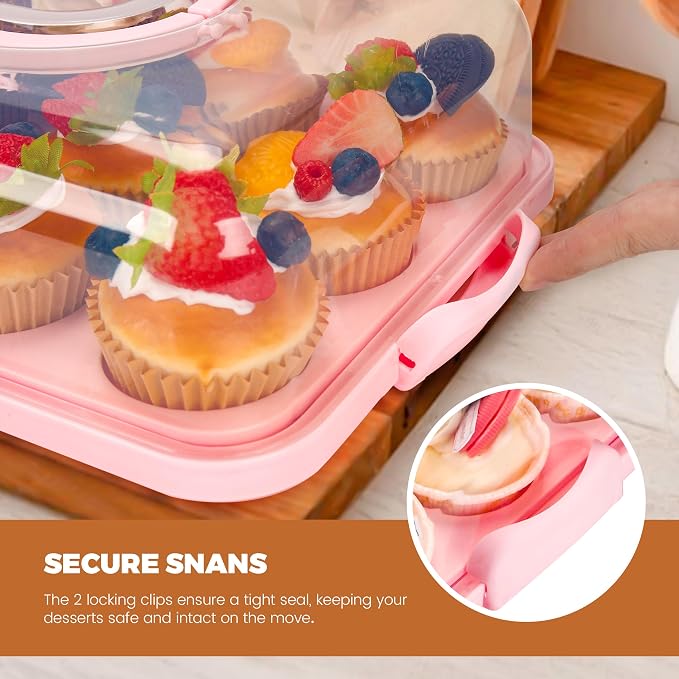 NPLUX Pink Cupcake Carrier Cupcake Holder with Lid, Cake Container | 3 in 1 Multipurpose, Lid, Holder, Muffins, Pies, Sweets, Pastries, Fruit, Snacks, Transport