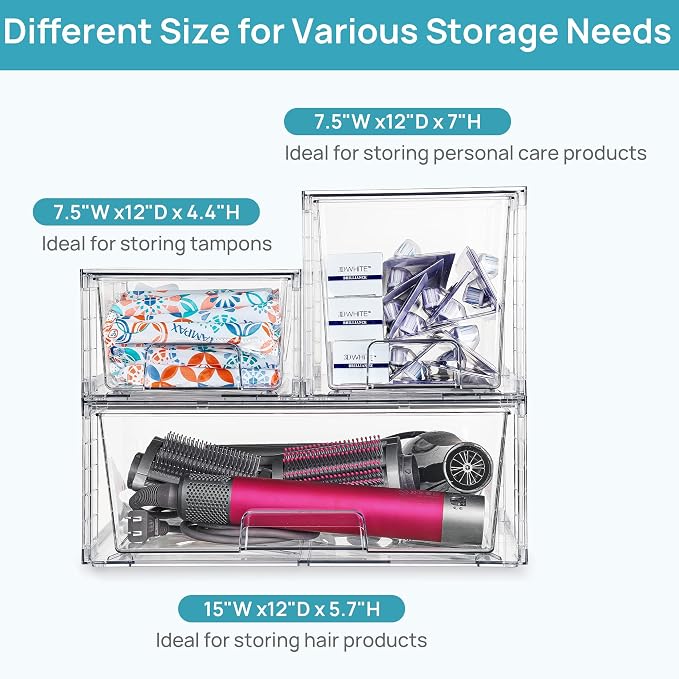 Vtopmart Clear Stackable Storage Drawers, 5 Pack Multi-Size Organizer Set | Wide, Medium and Small Pull-Out PET Drawers with Stackable Design for Cabinets, Closets, Pantry and Bathroom Organization