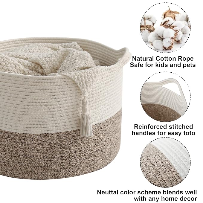 90L Woven Blanket Basket,Extra Large Laundry Basket-White & Brown | Collapsible Nursery Storage Bin with Sturdy Handles, Organizes Clothes, Toys and Pillows for Living Room, Bedroom, Bathroom