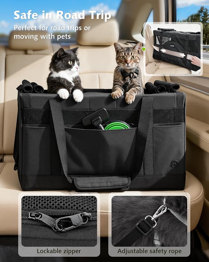 Pecute Cat Carrier, Soft Double Pet Crate for 2 Cats Travel, Dark Gray | Anti-Collapse Steel Frame, Convertible Dual Space, Foldable, Polyester Breathable mesh, Up to 26 lbs, Car Travel & Vet Visits