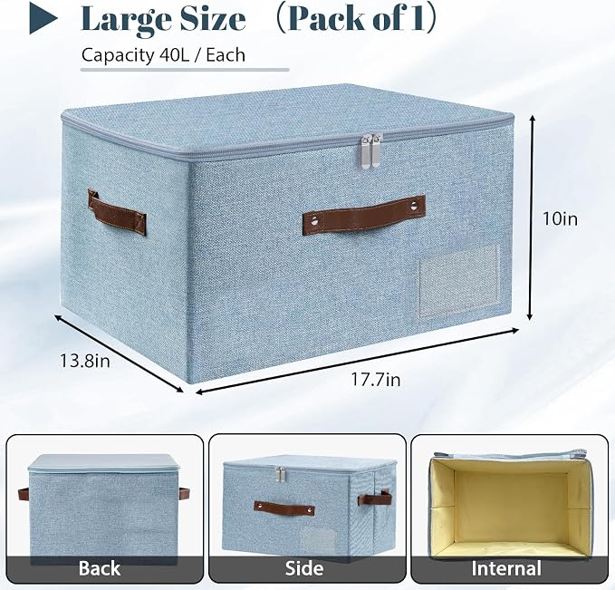 ANMINY Storage Box Fabric Bins with Zipper Lid, 17.7"x13.8"x10" Blue | Keepsake Box, Decorative, Cotton Linen, Reinforced PP Board Frame, Washable, Stackable & Foldable, Label Holder & PU Handles