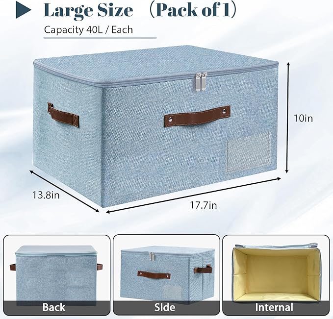 ANMINY Storage Box Fabric Bins with Zipper Lid, 17.7"x13.8"x10" Blue, 3PCS | Keepsake Box, Decorative, Cotton Linen, Reinforced PP Board Frame, Washable, Stackable & Foldable, Label Holder & PU Handles