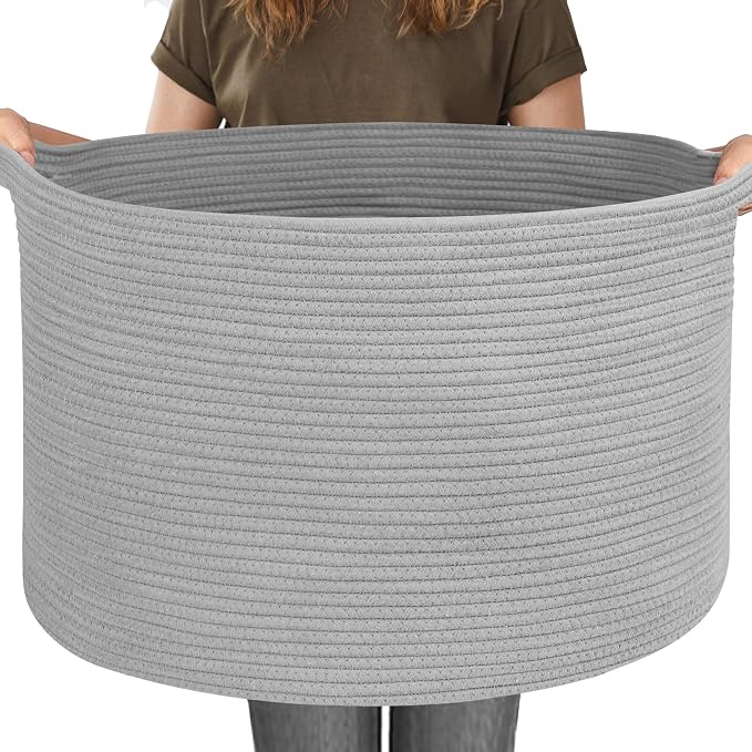 115L Super Large Gray Blanket Basket, 23.6"x15.7" Woven Cotton Rope Storage Basket for Laundry, Towel, Pillow, Oversized Kids Dog Toy Storage Bin, Grey XXXL Blanket Holder for Living Room