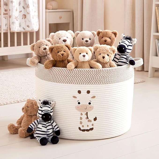 LemonRoad Extra Large Basket 20"x14", Woven Basket for Laundry Blanket Toy Box with Handle Storage, Blanket Storage for Living Room Nursery Pillows Chest(Cotton Rope,Giraffe,Brown White)