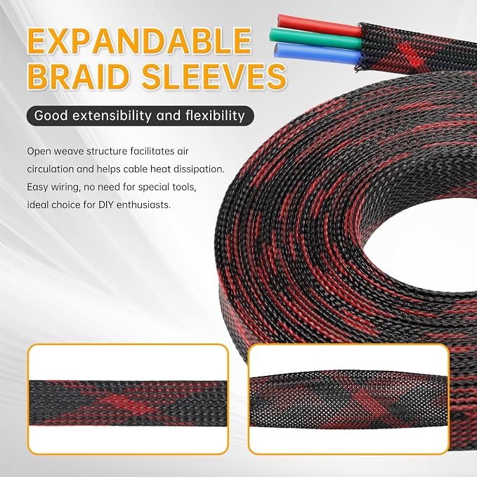 Braided Cable Sleeve, 33ft Expandable Wire Loom for Automotive Wiring Harness & PC Case, Pet-Proof Chew Resistant Cord Protector, Flexible Cable Management (Black-Red, 8mm (5/16"))