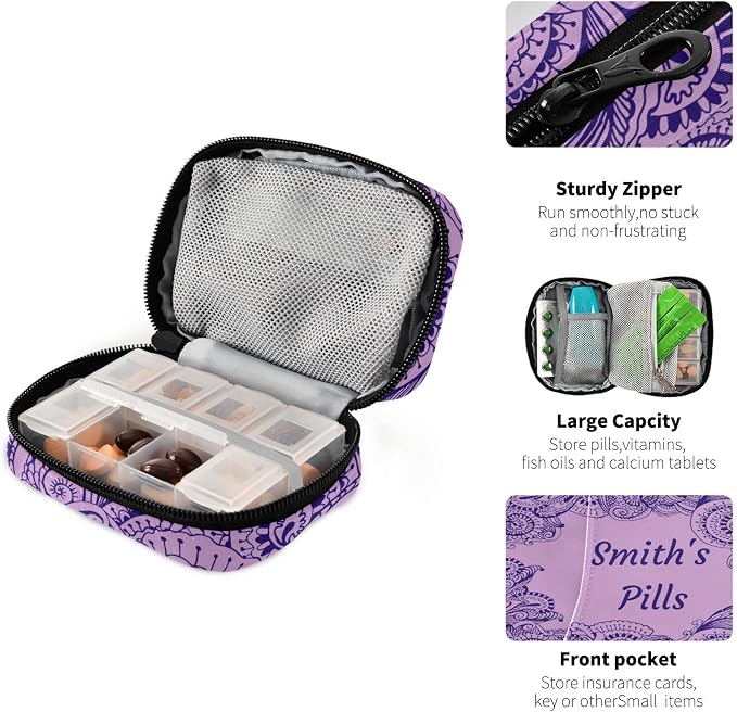 Custom Pill Box 7 Day Pill Case Bag Purple Floral Paisley Personalized Name Travel Pill Organizer Bag with Zipper Portable Weekly Case Compact Size for Vitamin Supplement Holder