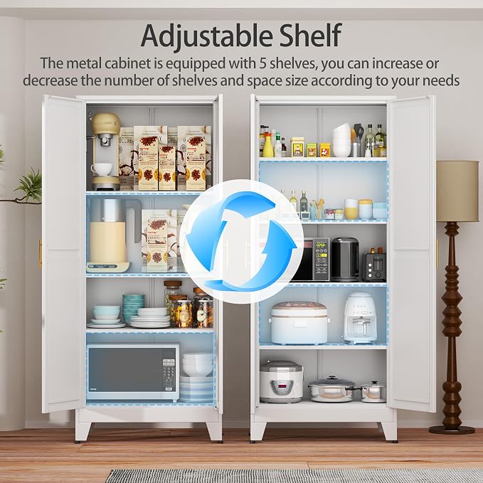 White Metal Storage Cabinet,75" Steel Cabinets for Home Office | Kitchen Pantry Storage Cabinet with Doors and 5 Adjustable Shelves, Tool Cabinets, for Office, Home, Garage, School