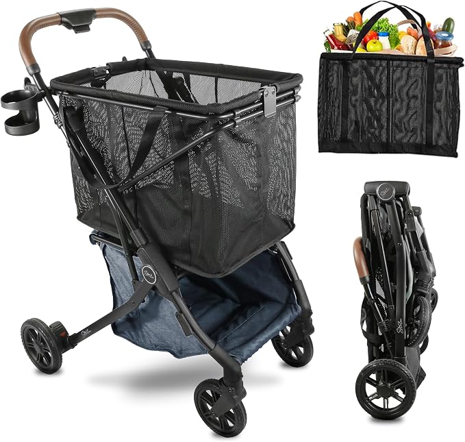 Stability Shopping Cart On Premium Wheels – Lightweight Aluminum Frame – Removable Shopping Bag with Carry Strap & Lower Grocery Storage 75Lbs Storage Capacity (Blue)