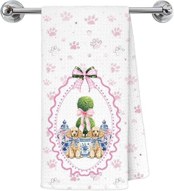 Blue Chinoiserie Christmas Poodle Dog Kitchen Towels, Poodle Gifts for Women Dish Tea Towels for Kitchen Decor, Pink Coquette Bow Xmas Tree Dog Paws Hand Towel for Bathroom Decor, 16x24 Inch