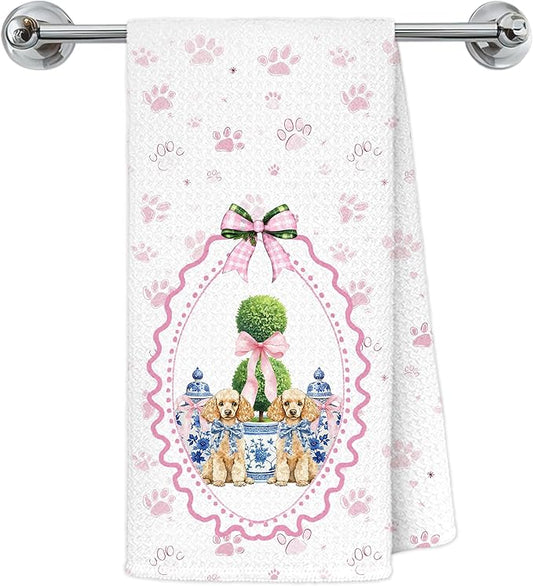 Blue Chinoiserie Christmas Poodle Dog Kitchen Towels, Poodle Gifts for Women Dish Tea Towels for Kitchen Decor, Pink Coquette Bow Xmas Tree Dog Paws Hand Towel for Bathroom Decor, 16x24 Inch
