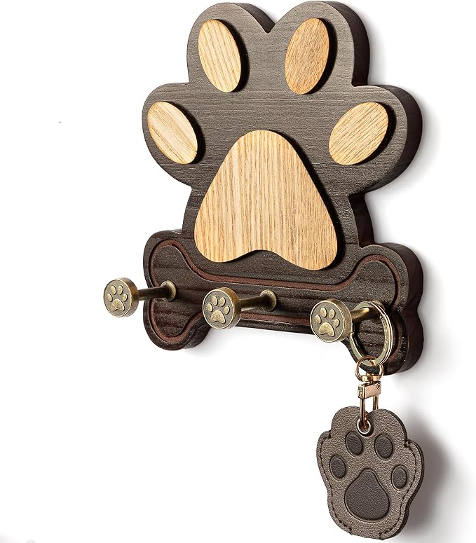 MTERSN Pine Wood Dog Leash Holder for Wall with 3 Hooks, Dark Brown