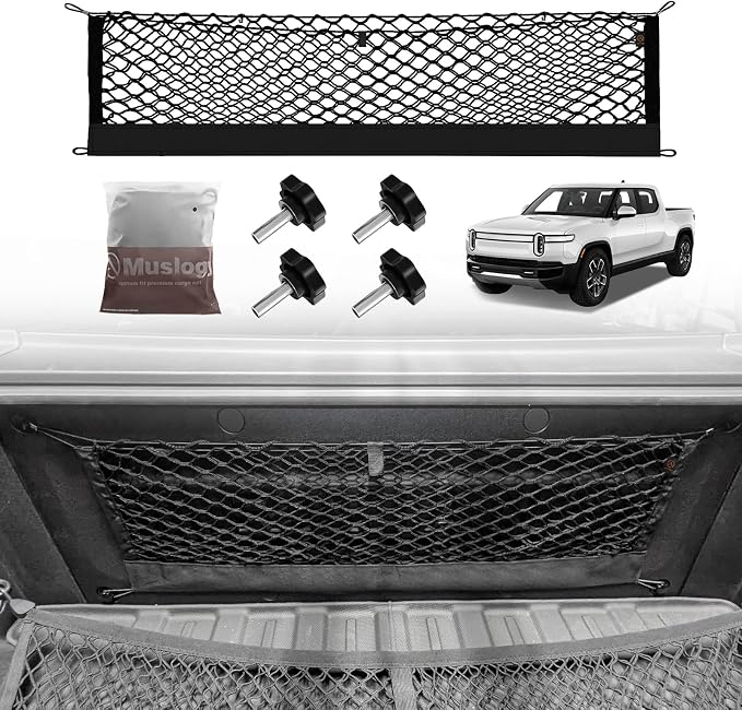 Muslogy Cargo Net for Rivian R1T 2026 2025 2024 2023 2022 Accessories | Custom Fit, Truck Bed Storage Organizer Net for Pickup Truck Bed Divider, Heavy Duty Carabiners, Night Visible Grab Handle