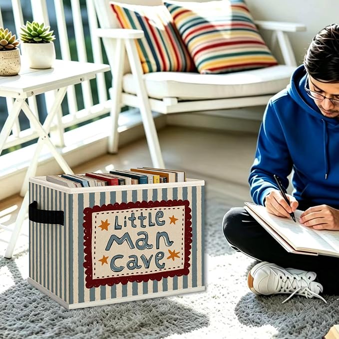 Boy Nursery Playroom Cube Storage Bins with Handles, Little Man Cave Blue Striped Collapsible Fabric Storage Basket Boxes Books Clothes Organizer for Kids Boys Room Bedroom Bathroom
