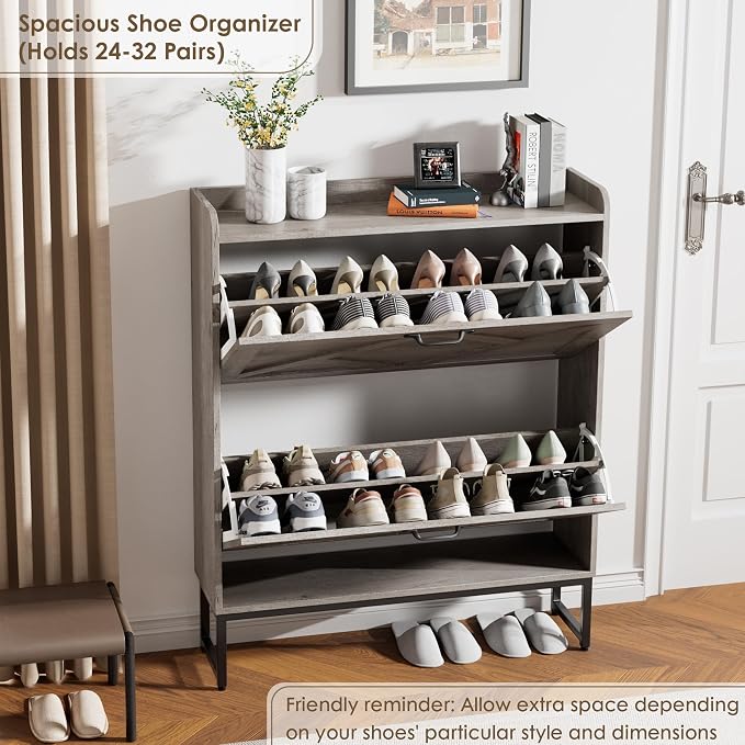 Shoe Storage Cabinet with 2 Flip Drawers, Entryway Organizer, Gray | Slim Shoe Cabinet with Metal Legs, Narrow Farmhouse Shoe Organizer for Entryway, Foyer, Hallway, Wood Shoe Rack with Hook