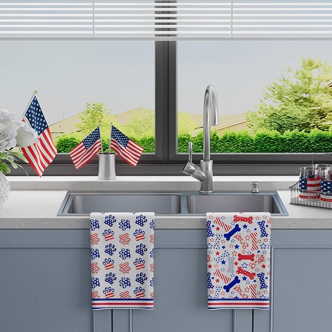 XCHI Dog Paws Bones Stars America Patriotic 4th of July Memorial Day Independence Day Kitchen Towels Dish Towels 18x26 Inch Home Decorations Hand Towels Set of 2 Drying Dishcloth