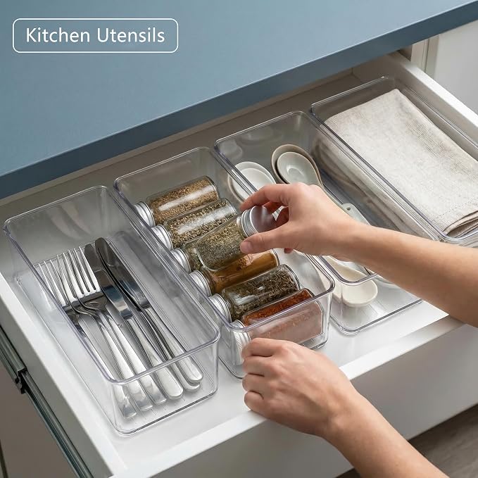 Qilinba 8 PACK Drawer Organizers Deep Drawer Organizer Bins | Clear Silverware Organizer, Stackable Storage Bins for Bathroom, Pantry, Office, Vanity, Desk