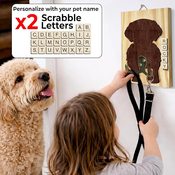 Golden Doodle Dog Leash Holder Wall Mount with Scrabble Letters, Wooden Dog Wall Hook Organizer, Pet Collar and Harness Hanger for Entryway, Key Hook Gift for Pet Lovers, Home Decoration PF297-39