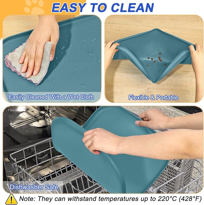 SMILOOL Silicone Pet Feeding Mat with Raised Edge for Food and Water, Dog Bowl Mats, Cat Bowls Placemat with High Lip for Floor Waterproof, Rubber Tray for Cats and Dogs 24 x 16 x0.8 Slate Blue