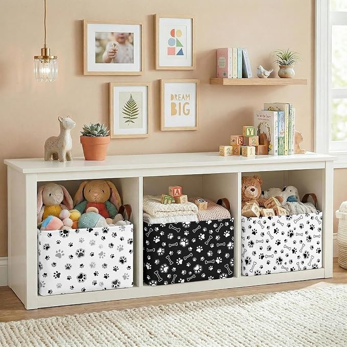 Britimes Dog Paw Storage Baskets for Gifts, Toy Storage Bins Box, 3 Pcs | Puppy Dog Canvas Collapsible Baskets Organizer with Handles Cute Nursery Decor Laundry Basket for Shelves Closet