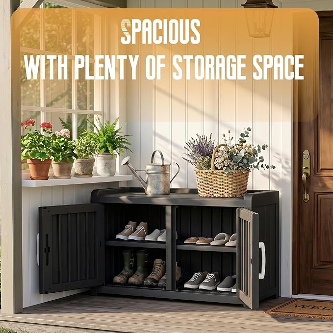 ROJIK Shoe Storage Bench, Shoe Cabinet Double Door, Black | Waterproof UV-Resistant,Storage Bench Indoor Outdoor with Adjustable Shelves,for Entryway Bedroom,Hallway,Living Room
