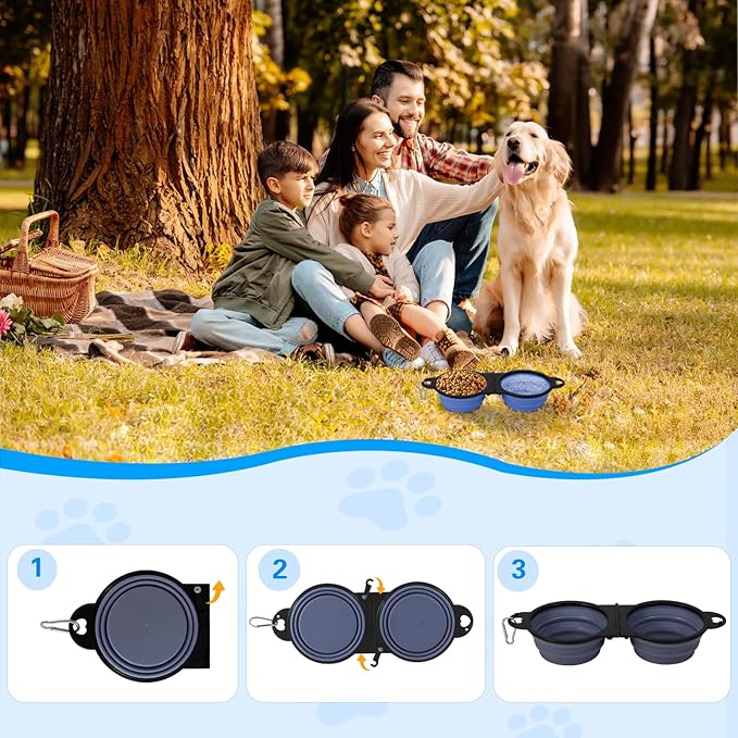 Collapsible Dog Dual Bowls, 2-in-1 with Locking Clip for More Stability 180 Degree Flip Portable Dog Travel Bowl for Water and Food Pet Food Drinker (Dark Blue)