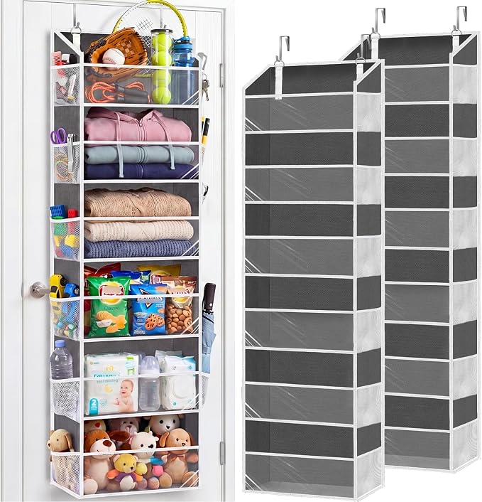 2 Pack Over Door Organizer with 6 Large Pockets | 6 Transparent Pockets & 12 Mesh Side, 80 lbs Weight Capacity Hanging Storage for Toys, Shoes, Diapers, Pantry