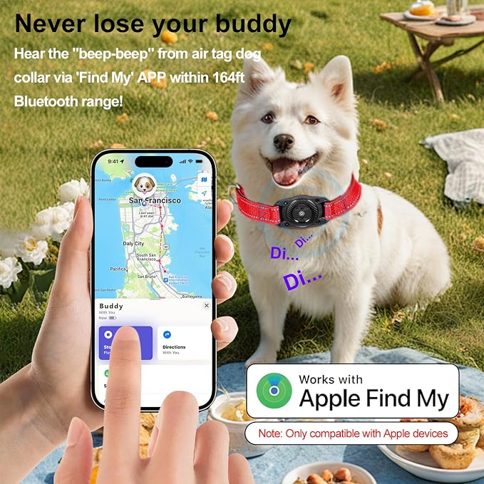 Air Tags Dog Collar, Waterproof Pet Collar with Air-Tag Chip for Apple Find My (iOS only) (Red, L)