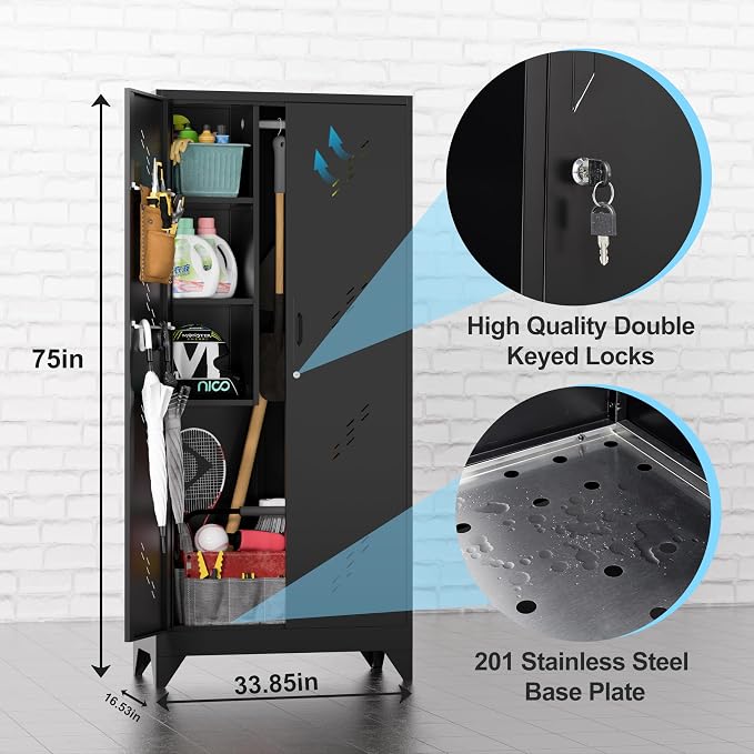 Metal Storage Cabinet, 75" Cleaning Tool Cabinet with Locking Door, Tall Storage Sheds Tool Organizer, Large Broom Cabinet for Bathroom, Laundry Room, Kitchen, Pantry, and Humid Environments