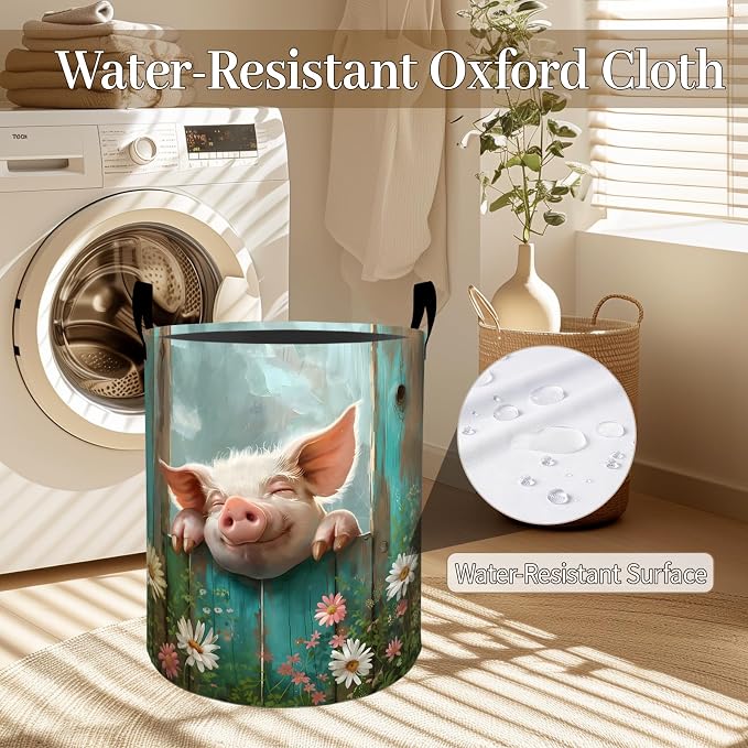 Cute Pig Laundry Basket, Rustic Daisy Floral Foldable Oxford Cloth, Waterproof Dirty Clothes Hamper with Handles, Clothing Storage Bin Toy Organizer for Bedroom Dorm Bathroom, 19.7"x15.7"