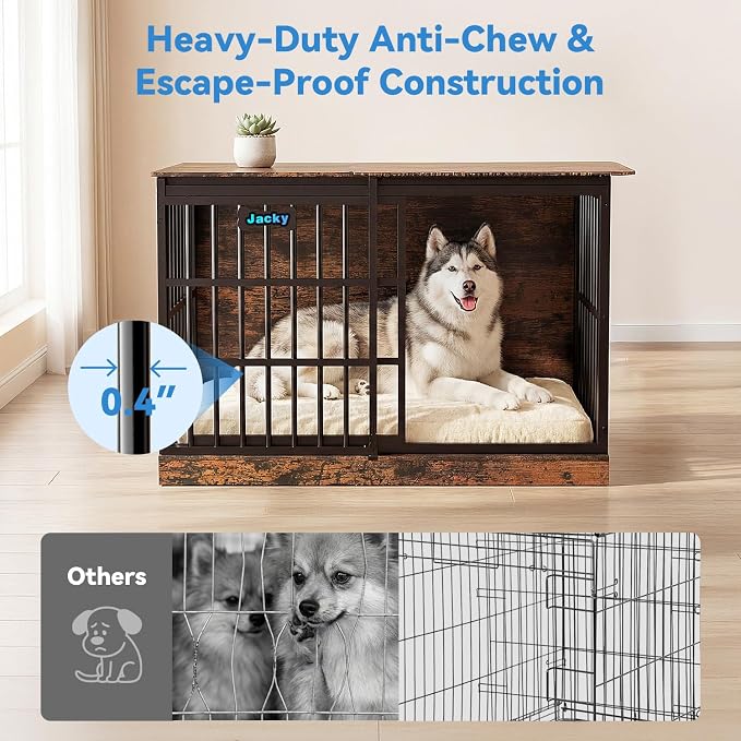 Petrova 47" Dog Crate Furniture with Name Tag, Heavy Duty Dog Kennel Indoor for Large/Medium Dogs, Wooden Dog Cage with Sliding Barn Door, Decorate House as TV Stand, End Table, Rustic Brown