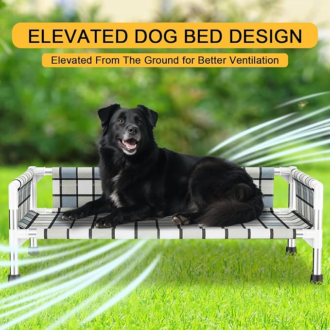 Elevated Dog Bed with with Guardrail, Raised 3-Fence Dog Hammock Bed | Breathable Lifted Stainless Steel Frame Dog Bed for Medium Pets, Cooling Washable Dog Cot