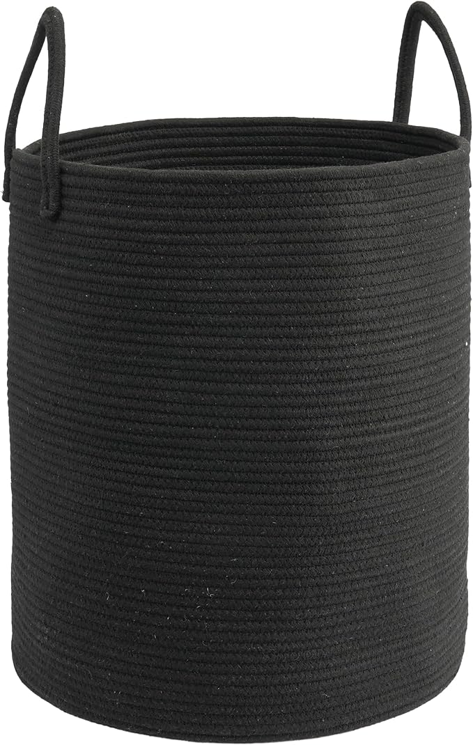 Woven Cotton Rope Laundry Basket, 15" x 20" Laundry Hamper, Black | Rope storage basket for dirty clothes, toys and blankets. Perfect for bathroom, baby nursery and living room storage.