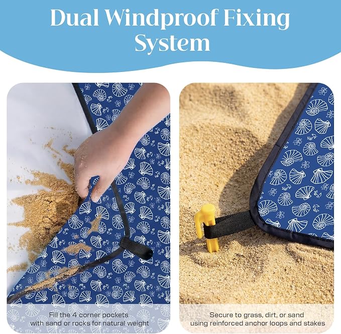 OIGAE Beach Blanket Waterproof Sandproof Oversized Beach Mat | Picnic Mat with Stakes, Storage Bag - Essentials for Outdoor Beach, Picnic,Quick-Dry Lightweight,Windproof Pockets